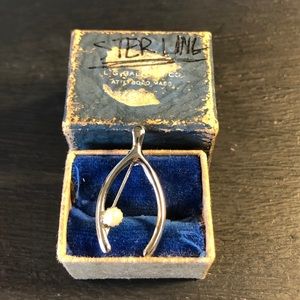 Vintage sterling silver and pearl wishbone brooch